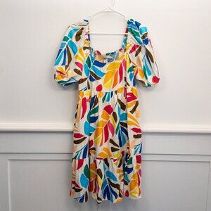 Tabitha Brown x Target Puff Sleeve Midi Dress M Colorful Leaf Print Linen Blend